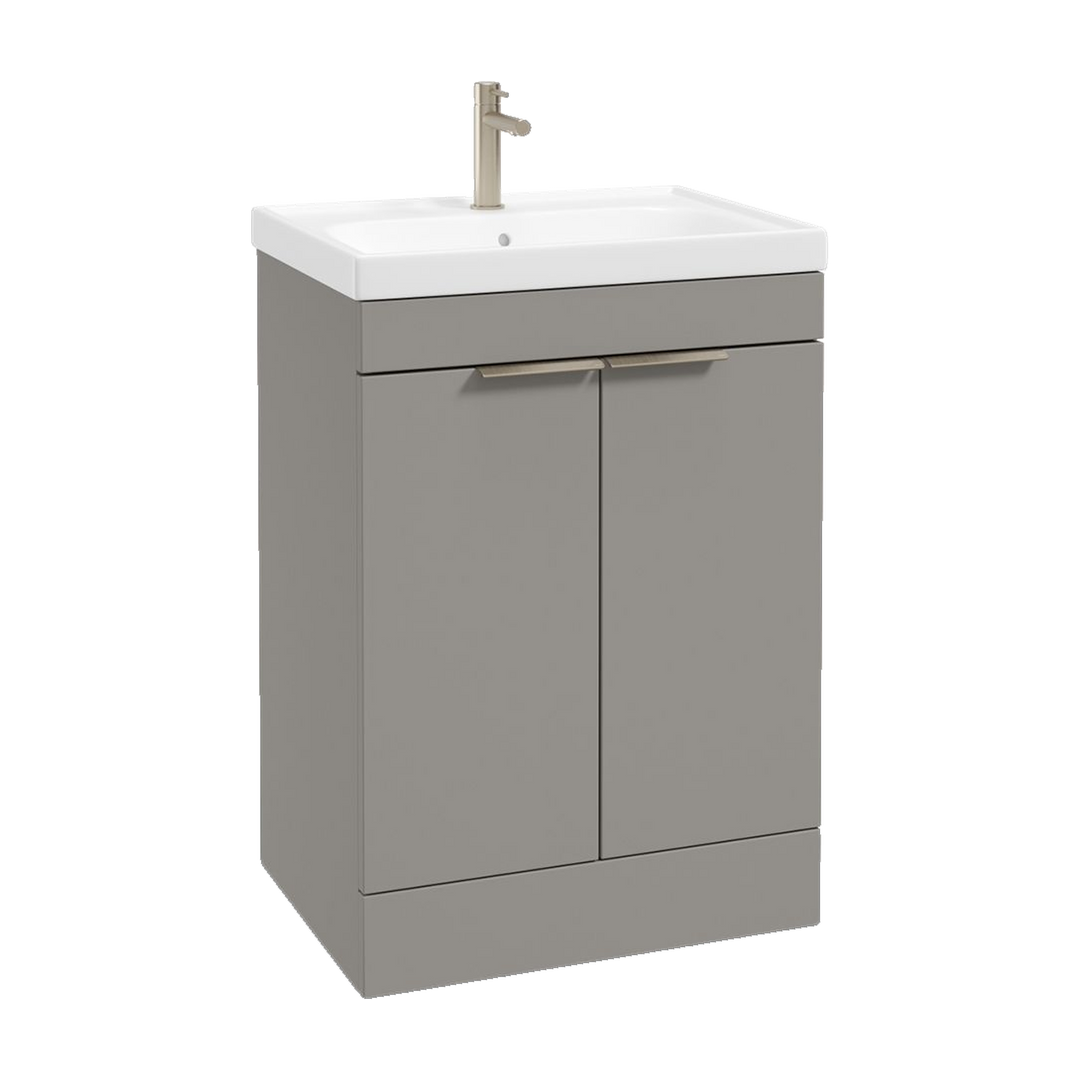 SONAS Stockholm 60cm floorstanding two door vanity unit in Matt Khaki with brushed nickel handles