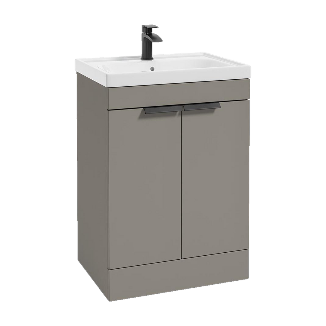 SONAS Stockholm 60cm floorstanding two door vanity unit in Matt Khaki with matt black handles