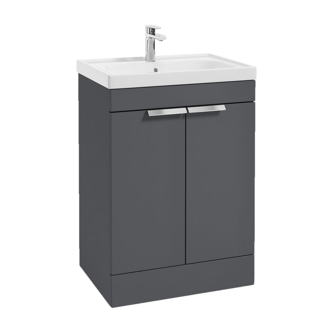 SONAS Stockholm 60cm floorstanding two door vanity unit in Matt Midnight Grey with brushed chrome handles