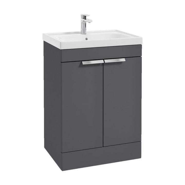 SONAS Stockholm 60cm floorstanding two door vanity unit in Matt Midnight Grey with brushed chrome handles