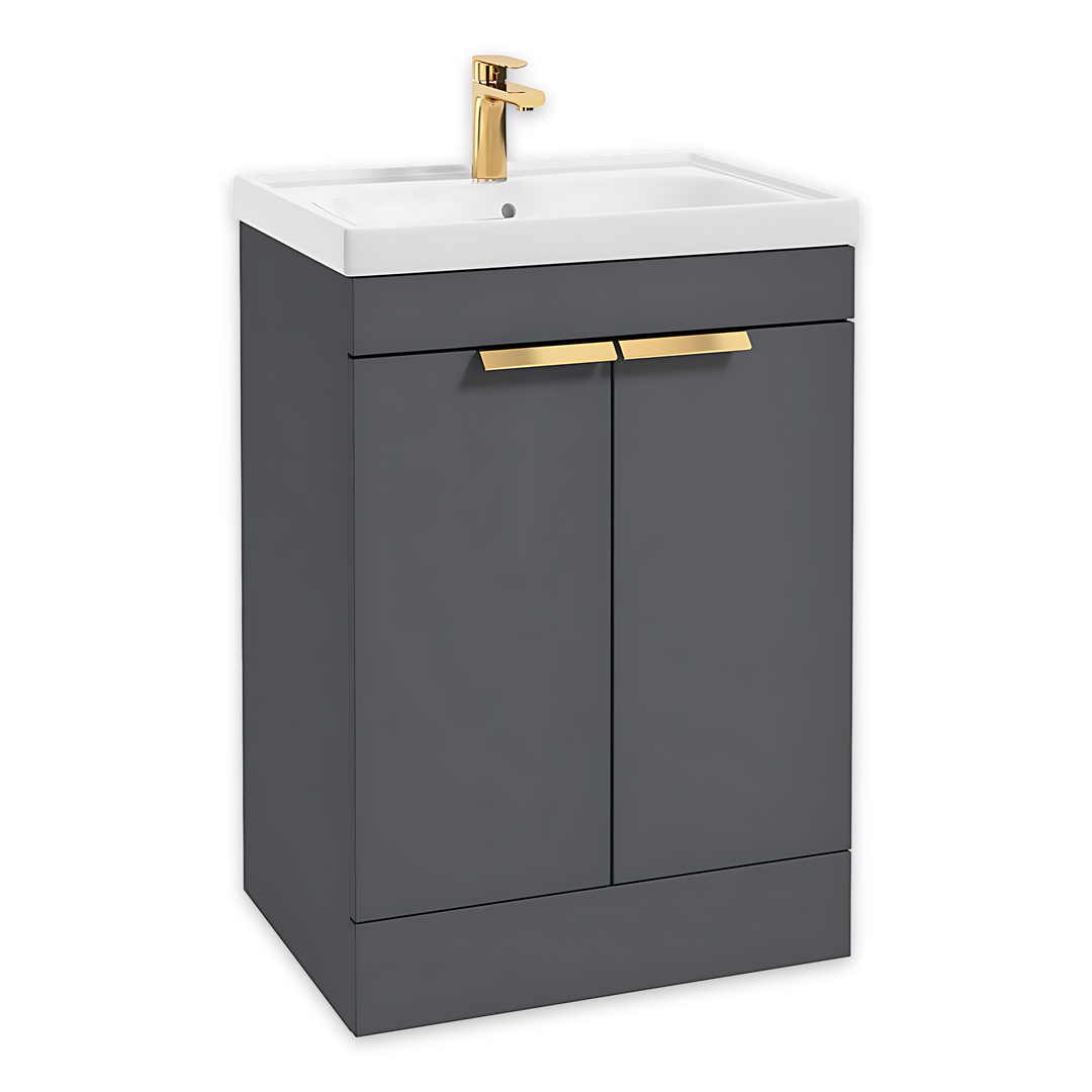 SONAS Stockholm 60cm floorstanding two door vanity unit in Matt Midnight Grey with brushed gold handles