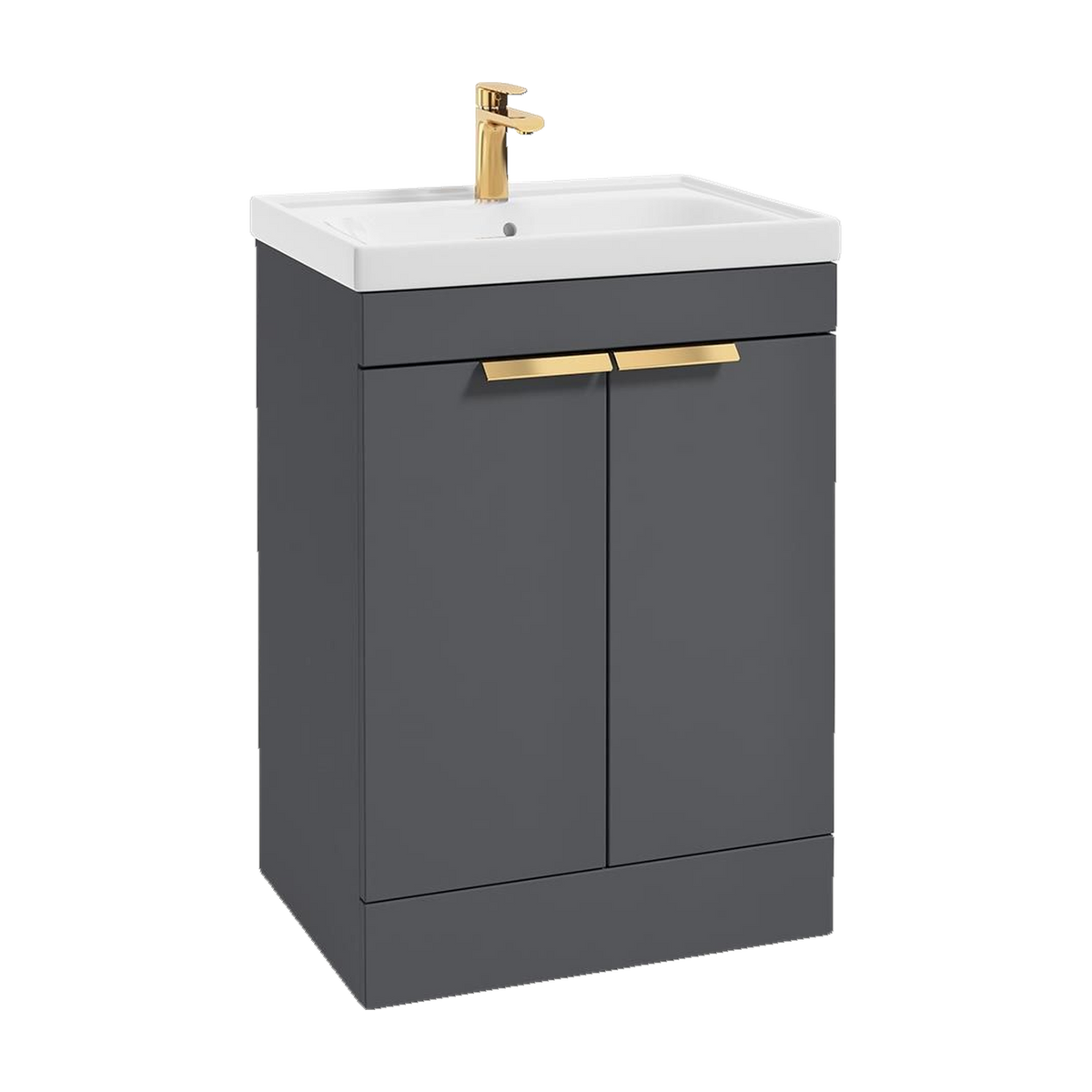 SONAS Stockholm 60cm floorstanding two door vanity unit in Matt Midnight Grey with brushed gold handles