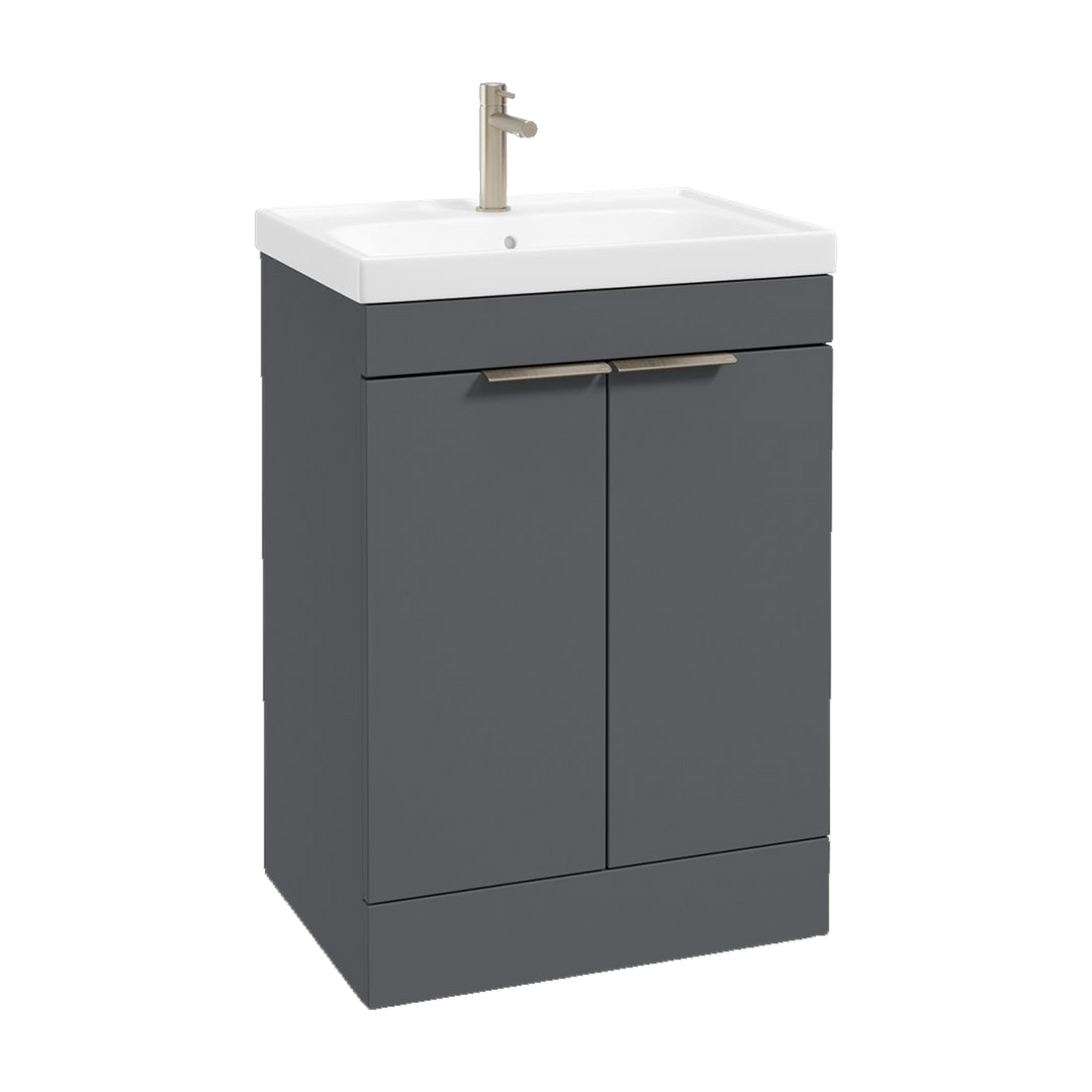 SONAS Stockholm 60cm floorstanding two door vanity unit in Matt Midnight Grey with brushed nickel handles