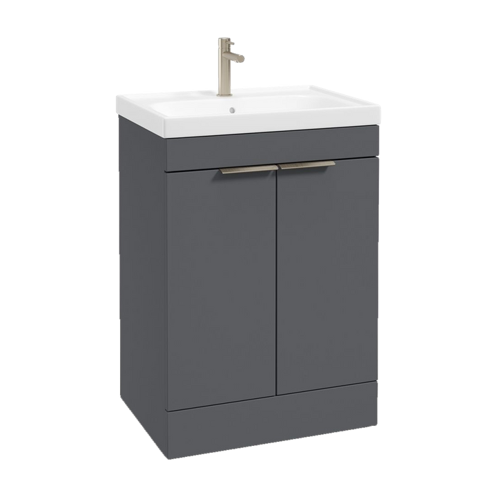 SONAS Stockholm 60cm floorstanding two door vanity unit in Matt Midnight Grey with brushed nickel handles