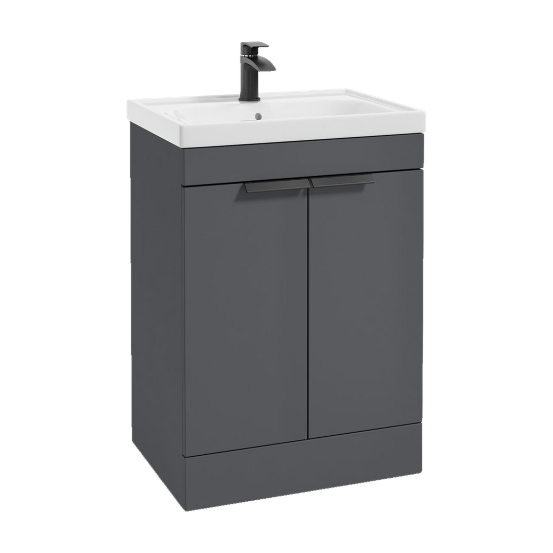 SONAS Stockholm 60cm floorstanding two door vanity unit in Matt Midnight Grey with matt black handles