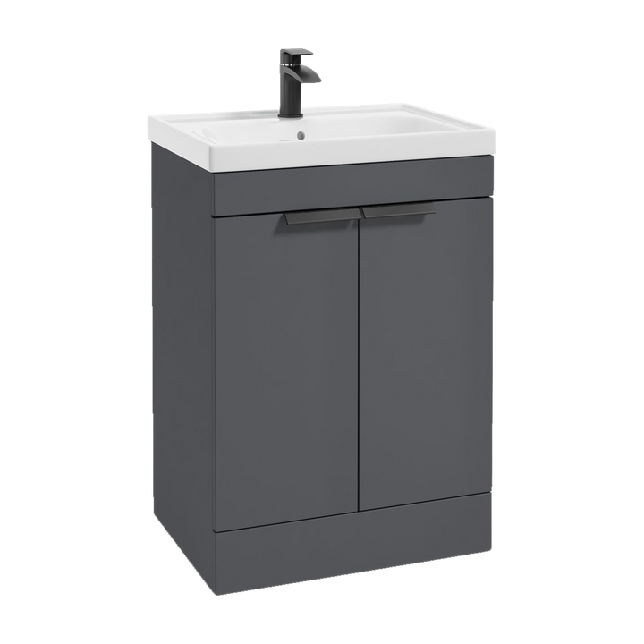 SONAS Stockholm 60cm floorstanding two door vanity unit in Matt Midnight Grey with matt black handles