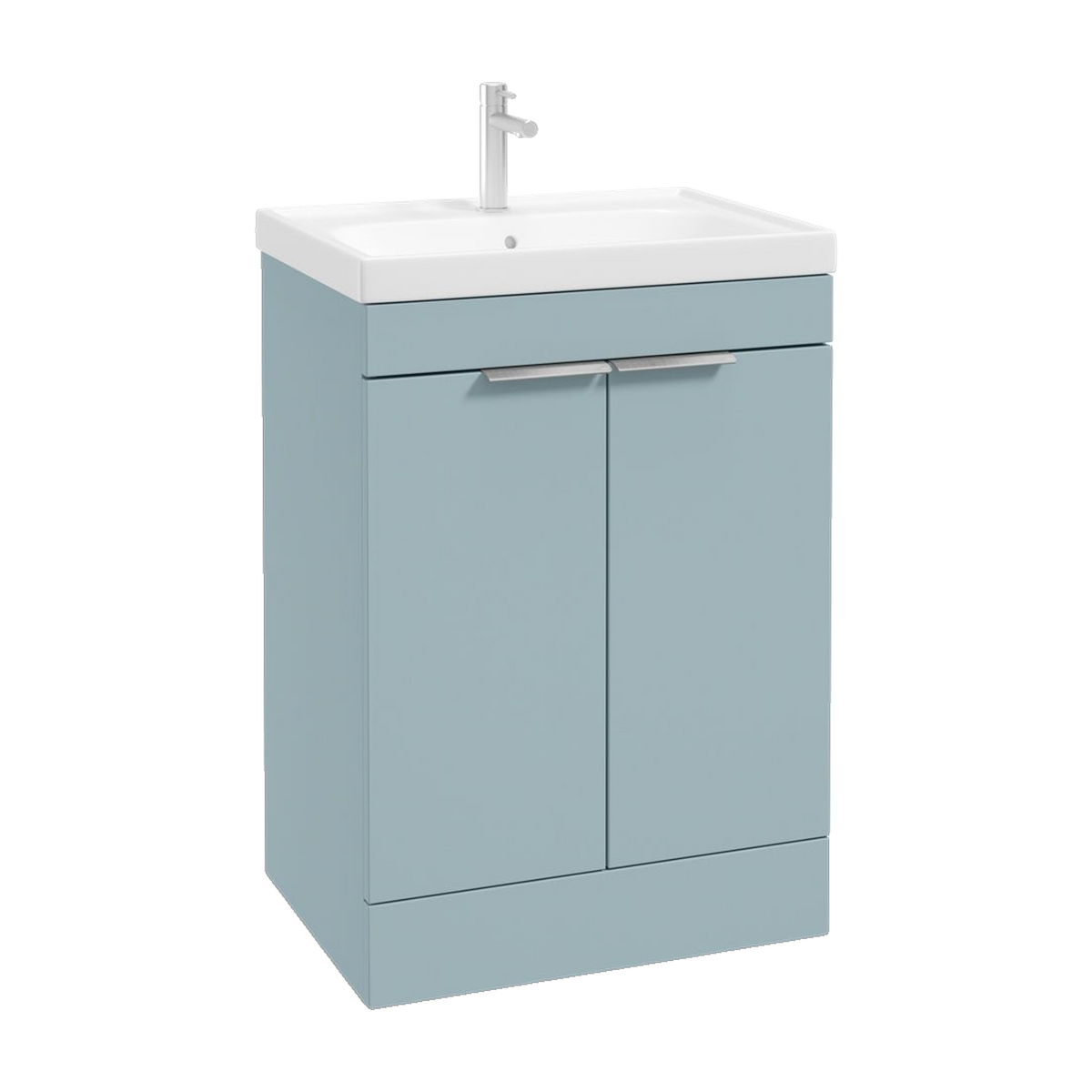 SONAS Stockholm 60cm floorstanding two door vanity unit in Matt Morning Sky Blue with brushed chrome handles