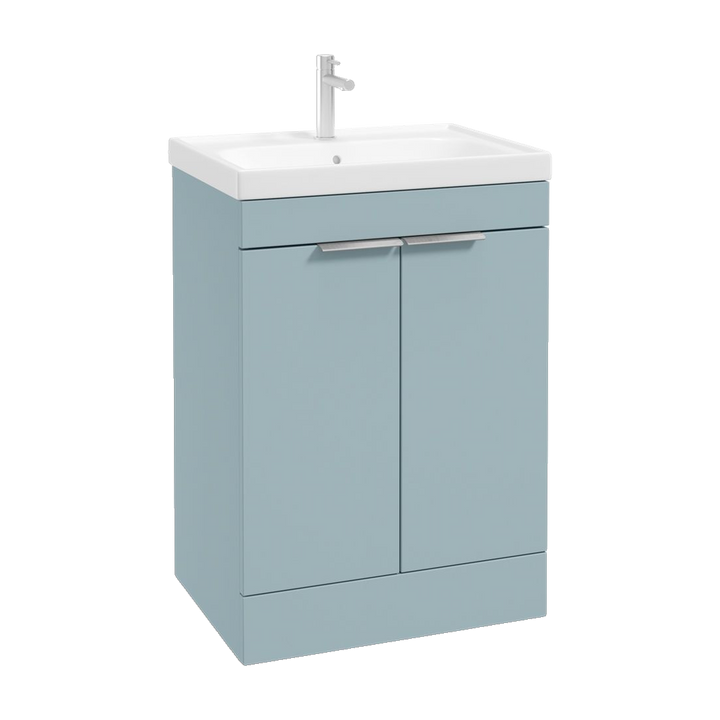 SONAS Stockholm 60cm floorstanding two door vanity unit in Matt Morning Sky Blue with brushed chrome handles