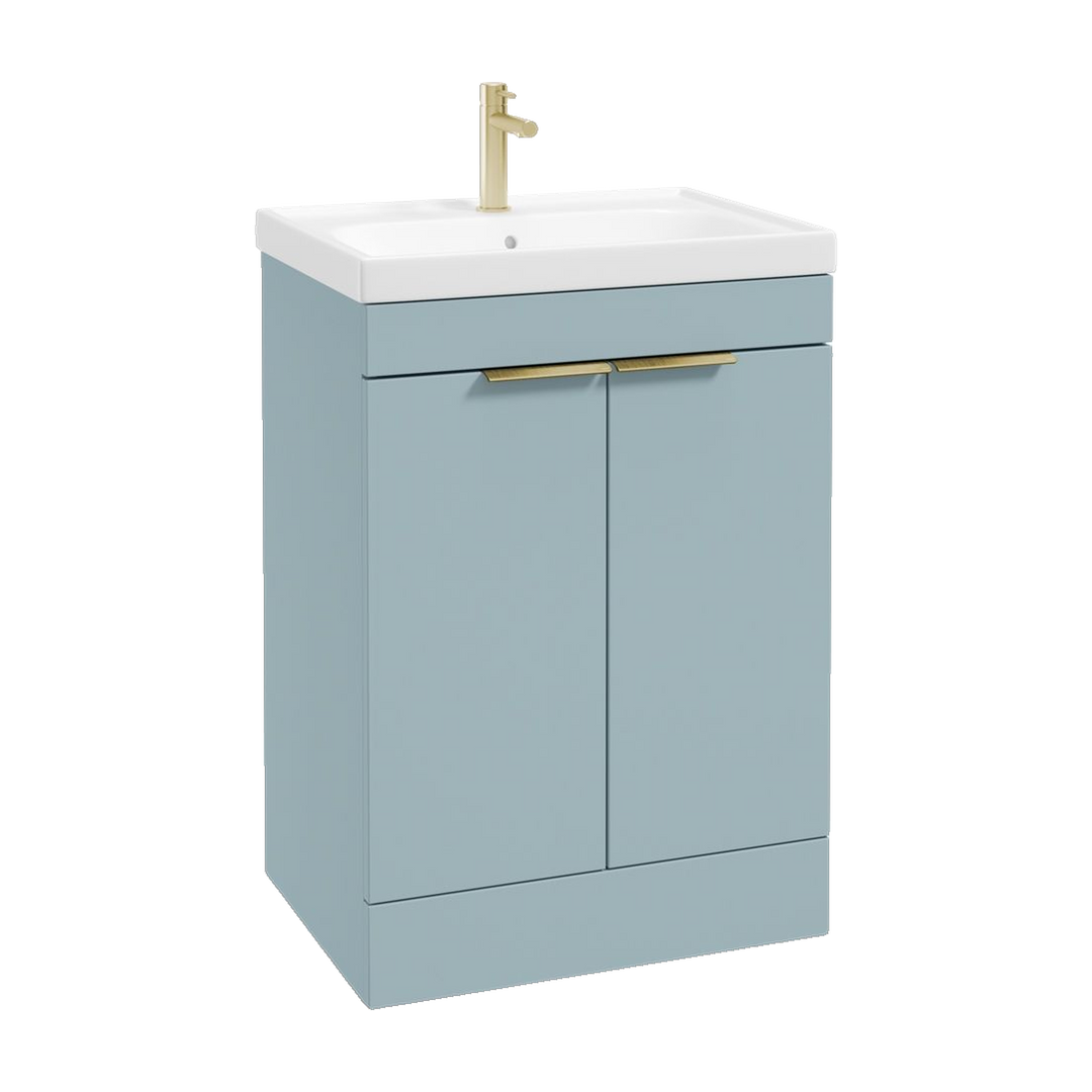 SONAS Stockholm 60cm floorstanding two door vanity unit in Matt Morning Sky Blue with brushed gold handles