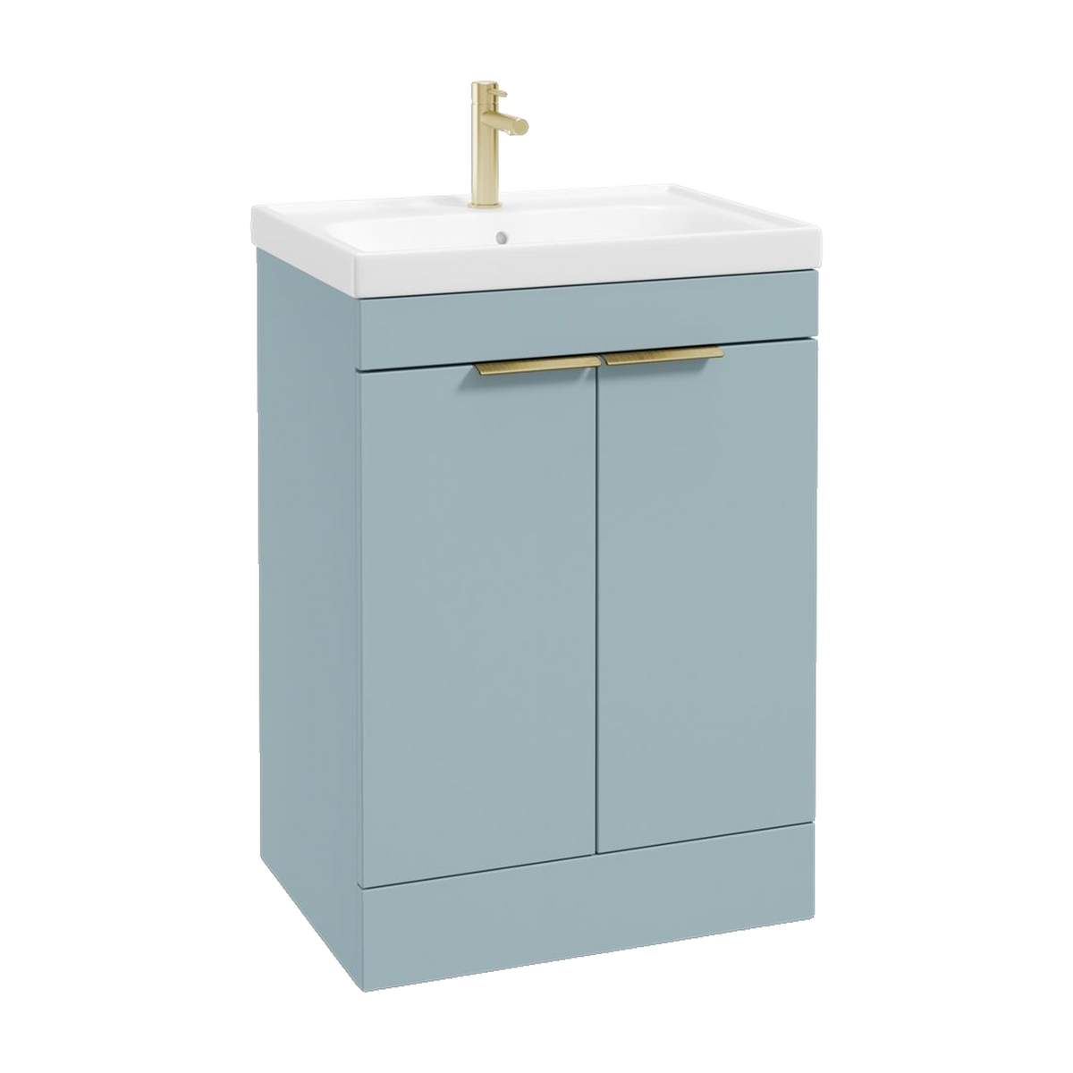 SONAS Stockholm 60cm floorstanding two door vanity unit in Matt Morning Sky Blue with brushed gold handles