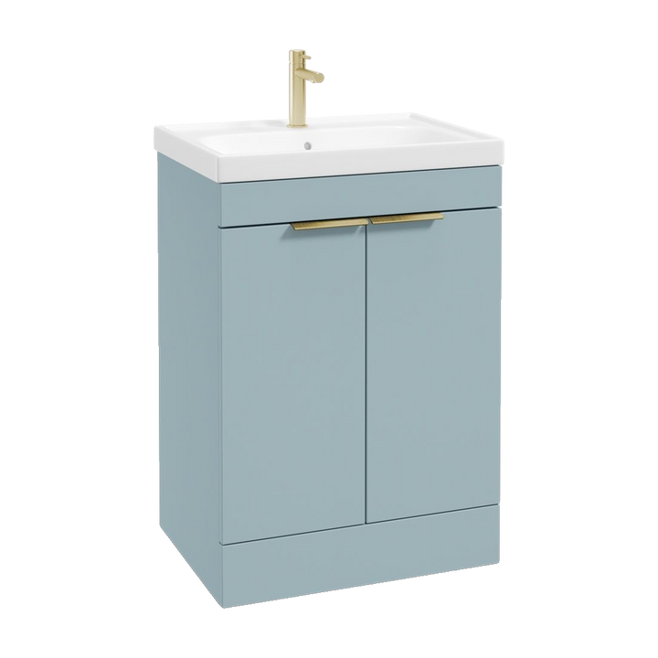 SONAS Stockholm 60cm floorstanding two door vanity unit in Matt Morning Sky Blue with brushed gold handles