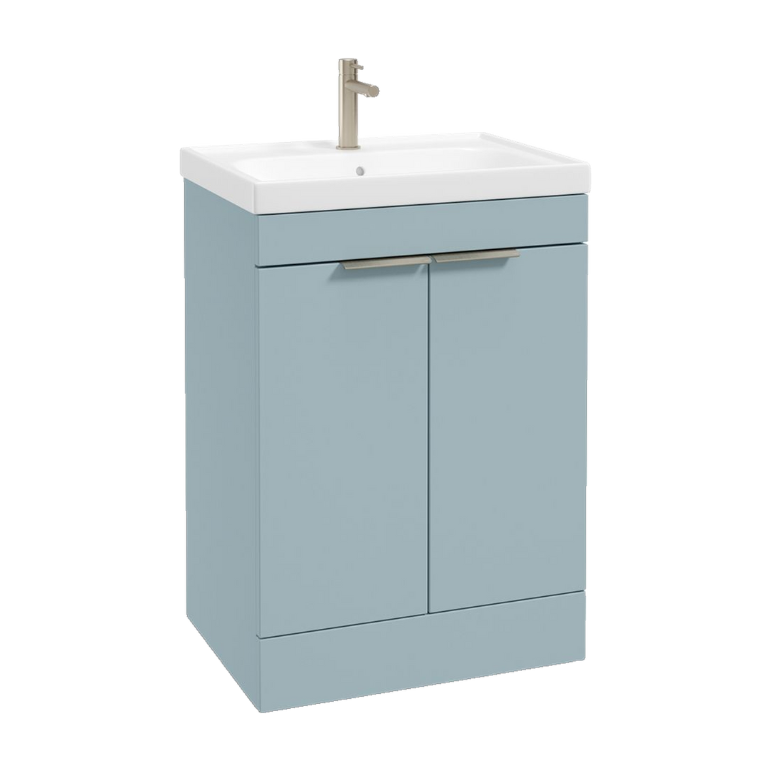 SONAS Stockholm 60cm floorstanding two door vanity unit in Matt Morning Sky Blue with brushed nickel handles