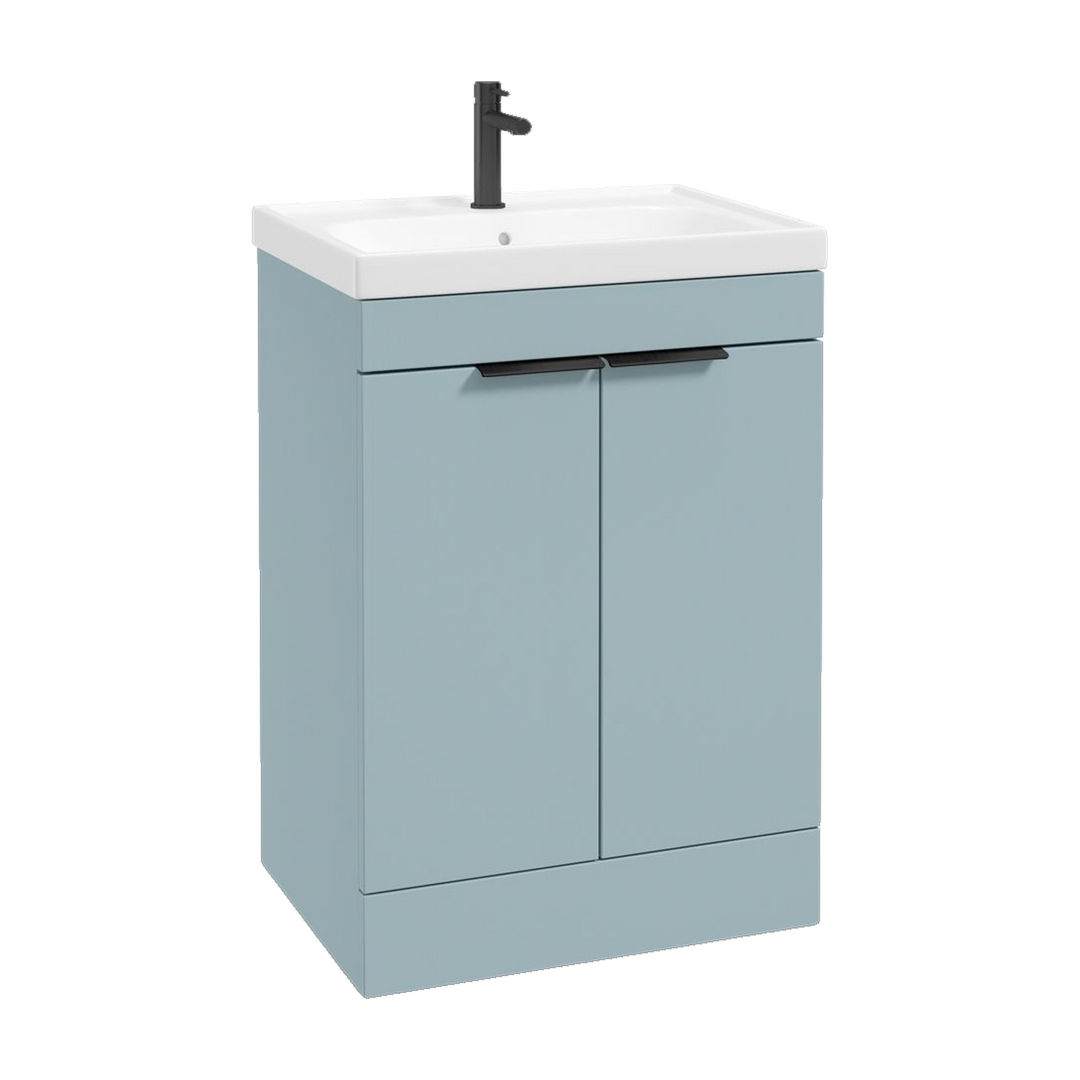 SONAS Stockholm 60cm floorstanding two door vanity unit in Matt Morning Sky Blue with matt black handles