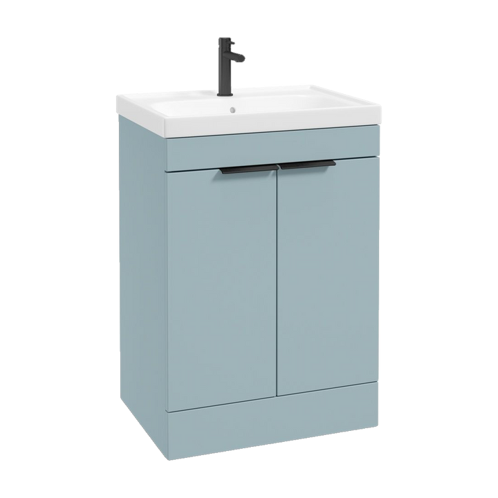 SONAS Stockholm 60cm floorstanding two door vanity unit in Matt Morning Sky Blue with matt black handles
