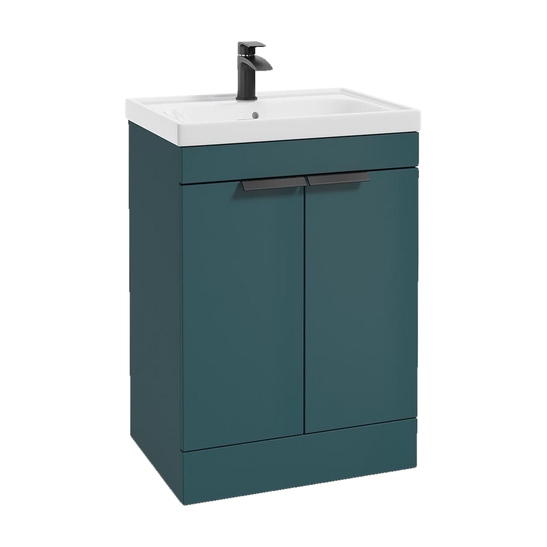 SONAS Stockholm 60cm floorstanding two door vanity unit in Matt Ocean Blue with matt black handles