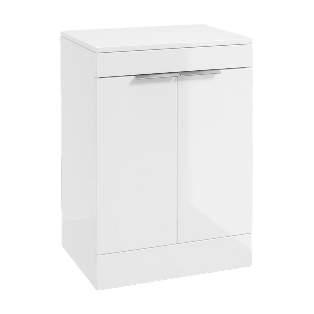 SONAS Stockholm 60cm floorstanding two door vanity unit in Gloss White with brushed chrome handles