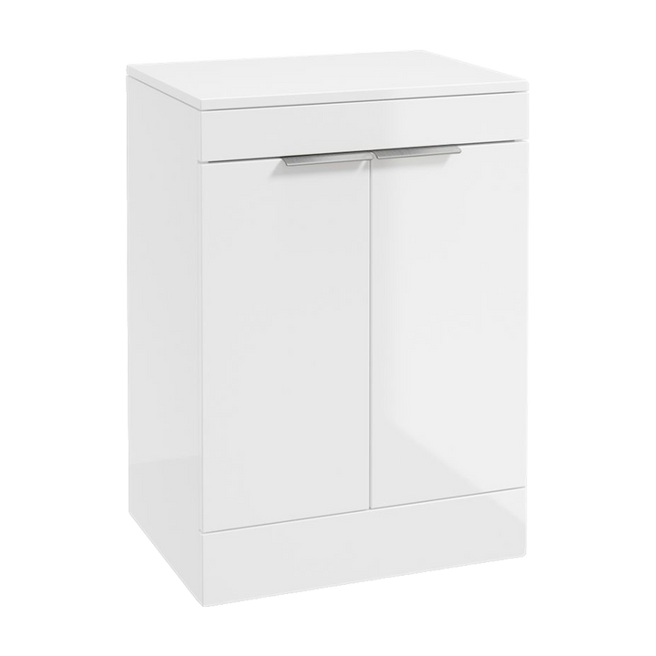 SONAS Stockholm 60cm floorstanding two door vanity unit in Gloss White with brushed chrome handles
