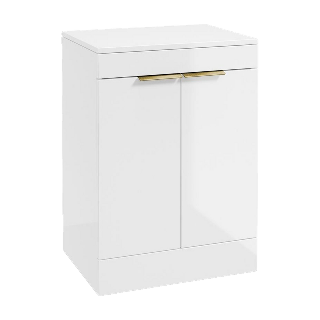 SONAS Stockholm 60cm floorstanding two door vanity unit in Gloss White with brushed gold handles