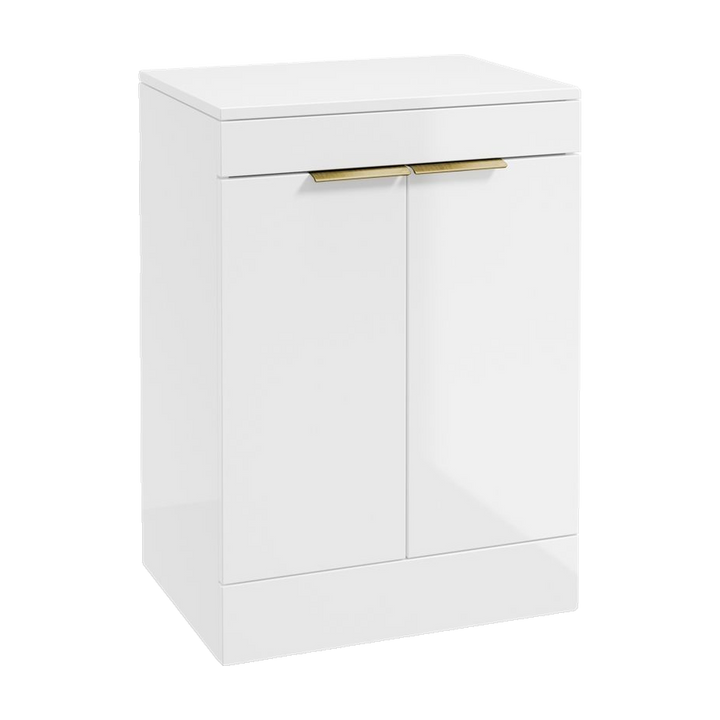 SONAS Stockholm 60cm floorstanding two door vanity unit in Gloss White with brushed gold handles