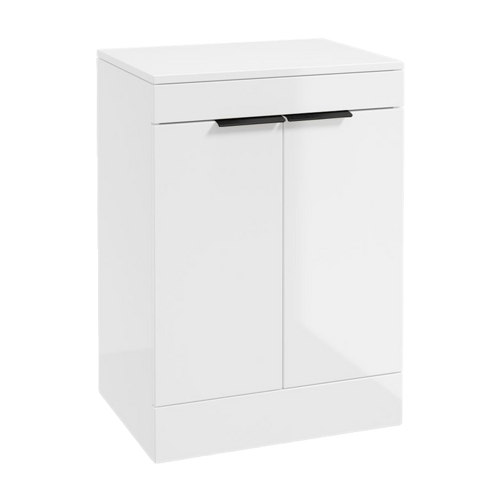 SONAS Stockholm 60cm floorstanding two door vanity unit in Gloss White with matt black handles