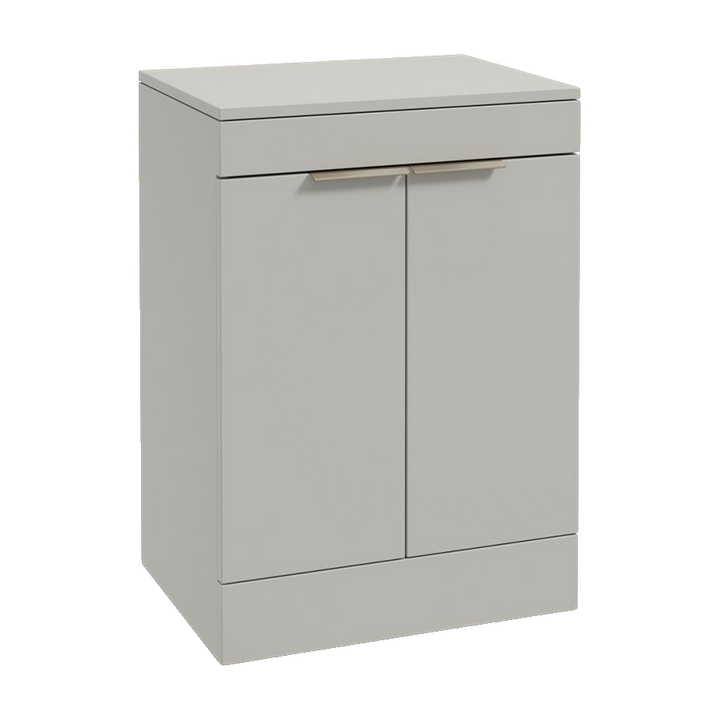 SONAS Stockholm 60cm floorstanding two door vanity unit in Matt Arctic Grey with brushed nickel handles