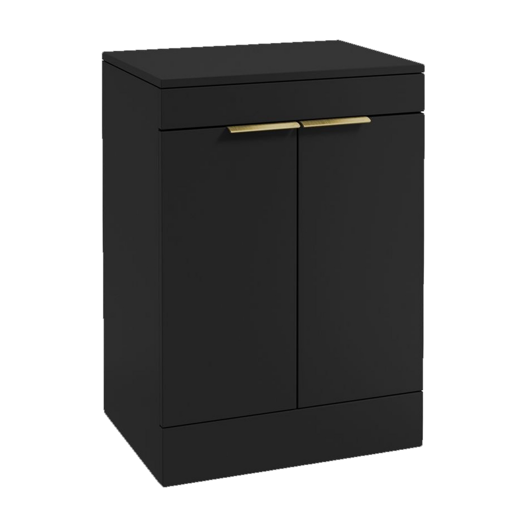 SONAS Stockholm 60cm floorstanding two door vanity unit in Matt Black with brushed gold handles
