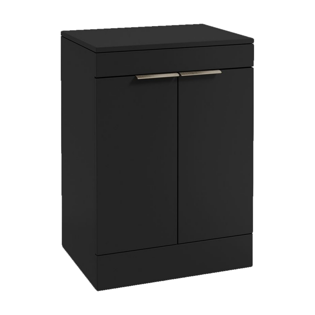 SONAS Stockholm 60cm floorstanding two door vanity unit in Matt Black with brushed nickel handles