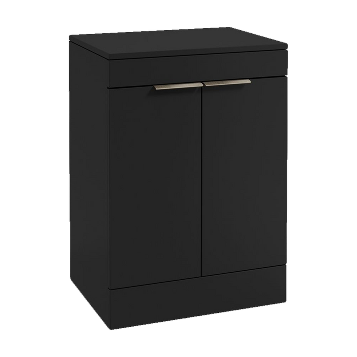 SONAS Stockholm 60cm floorstanding two door vanity unit in Matt Black with brushed nickel handles