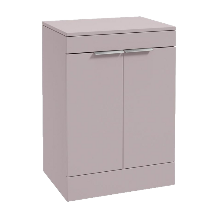 SONAS Stockholm 60cm floorstanding two door vanity unit in Matt Cashmere Pink with brushed chrome handles