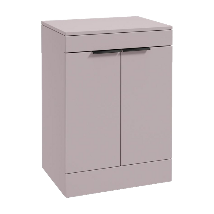 SONAS Stockholm 60cm floorstanding two door vanity unit in Matt Cashmere Pink with matt black handles