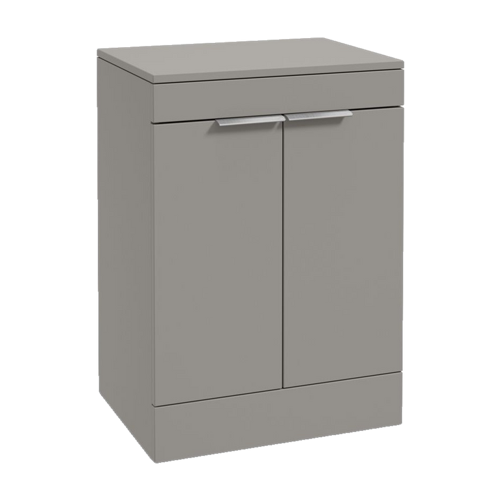 SONAS Stockholm 60cm floorstanding two door vanity unit in Matt Khaki with brushed chrome handles
