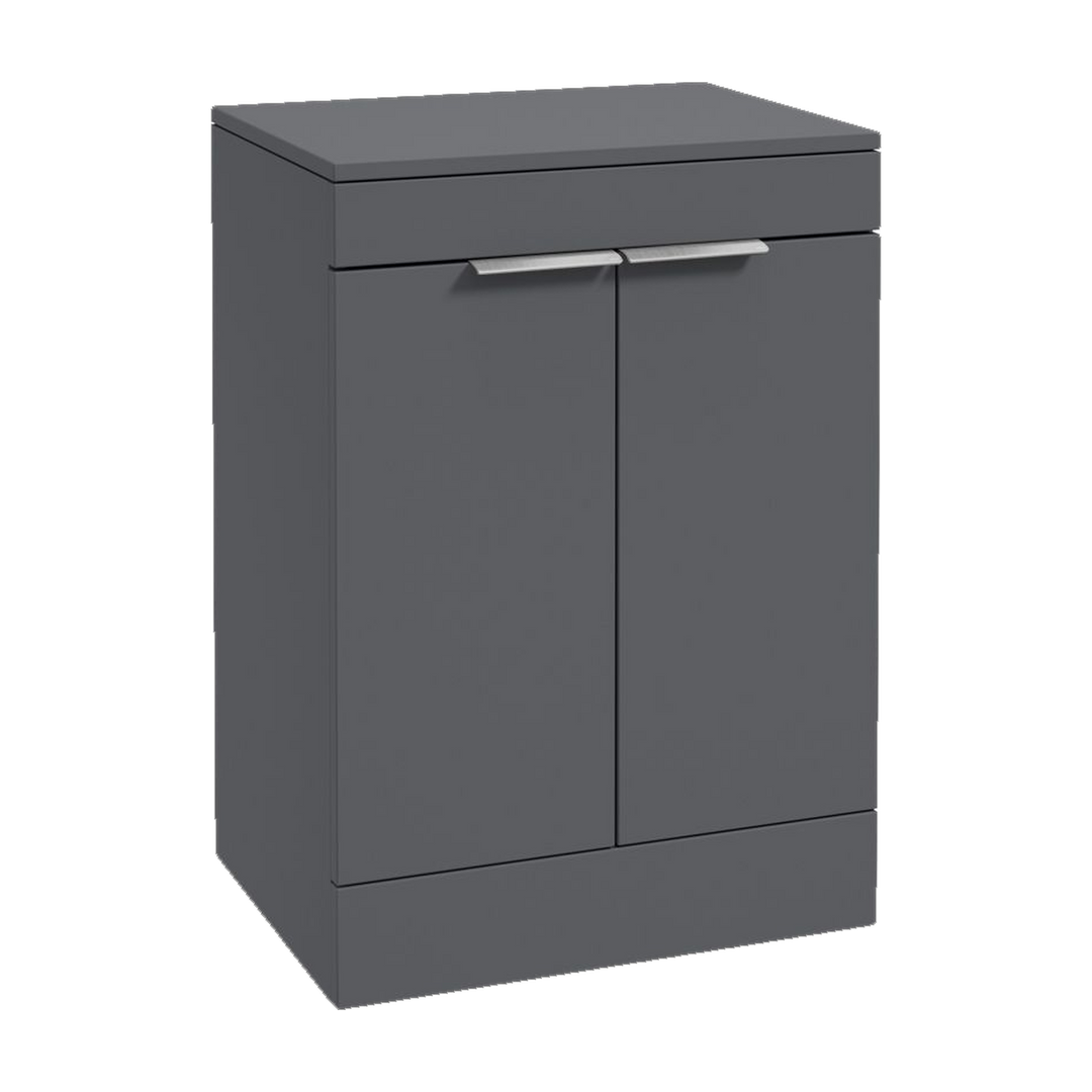 SONAS Stockholm 60cm floorstanding two door vanity unit in Matt Midnight Grey with brushed chrome handles
