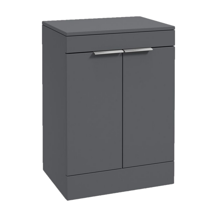 SONAS Stockholm 60cm floorstanding two door vanity unit in Matt Midnight Grey with brushed chrome handles