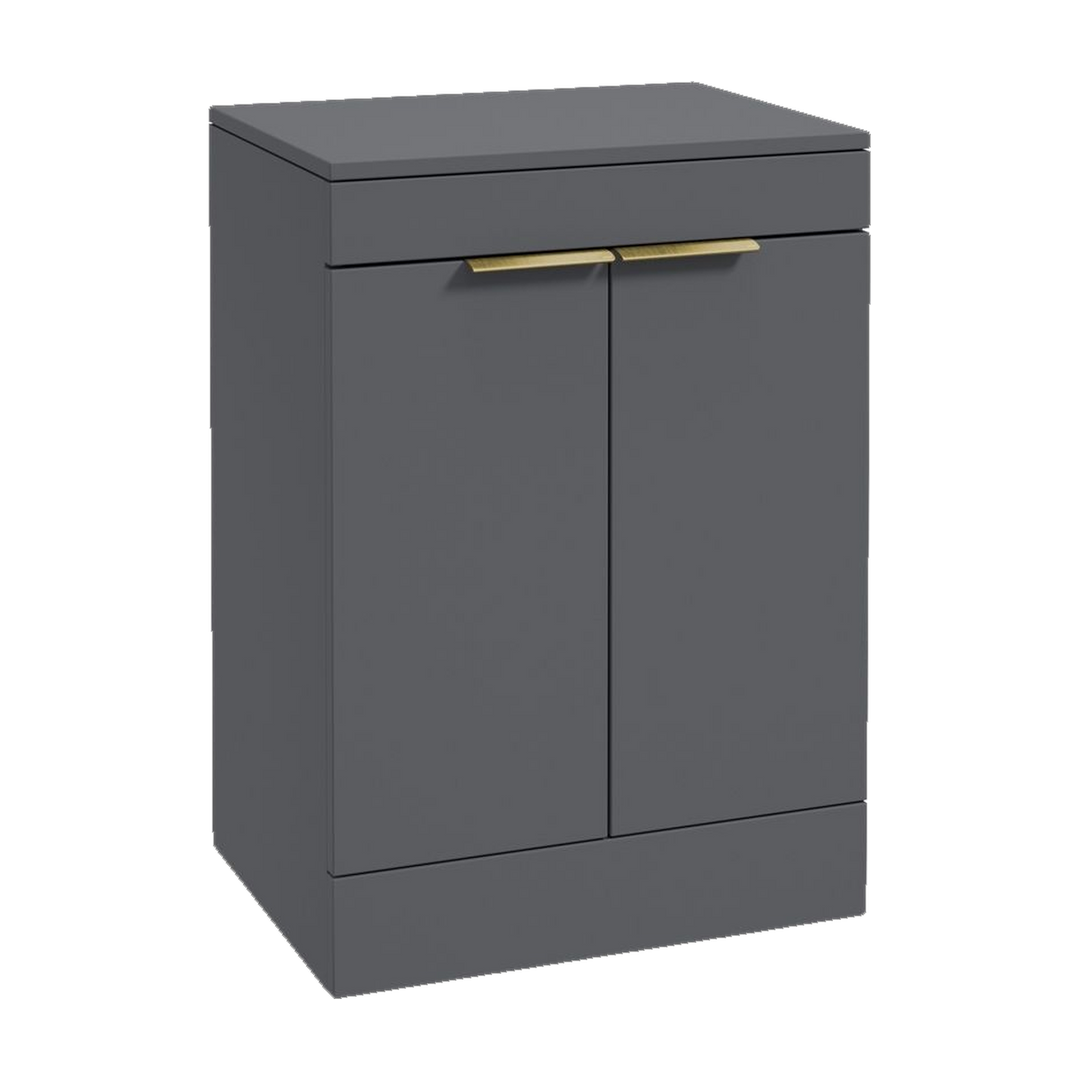 SONAS Stockholm 60cm floorstanding two door vanity unit in Matt Midnight Grey with brushed gold handles