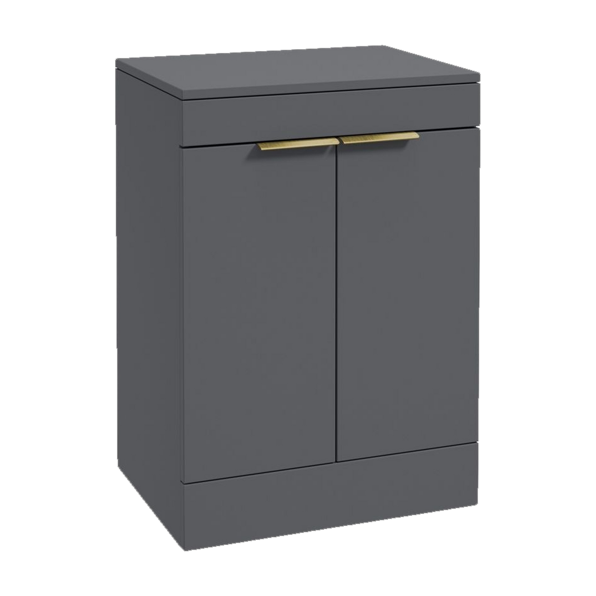 SONAS Stockholm 60cm floorstanding two door vanity unit in Matt Midnight Grey with brushed gold handles
