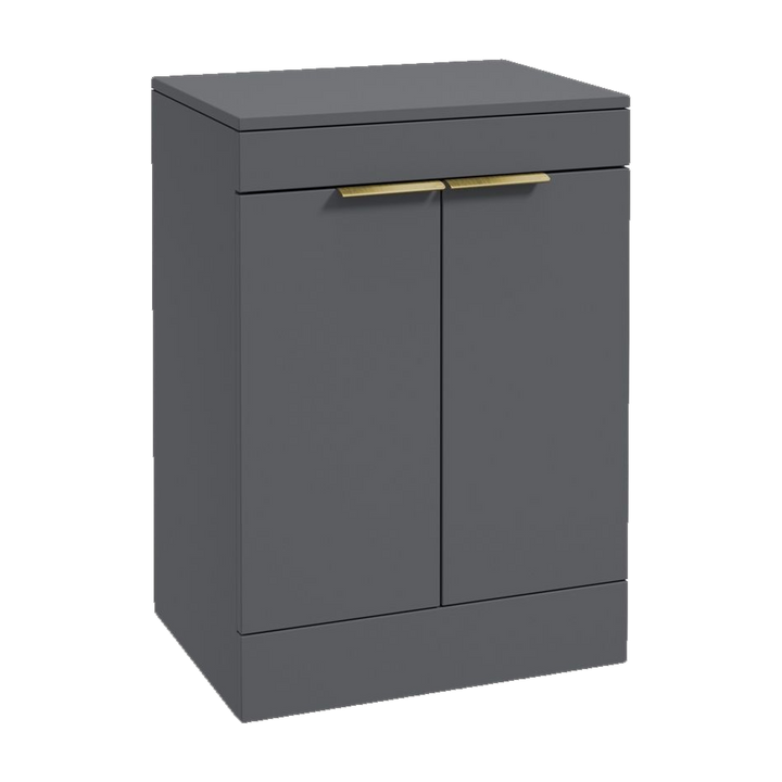 SONAS Stockholm 60cm floorstanding two door vanity unit in Matt Midnight Grey with brushed gold handles