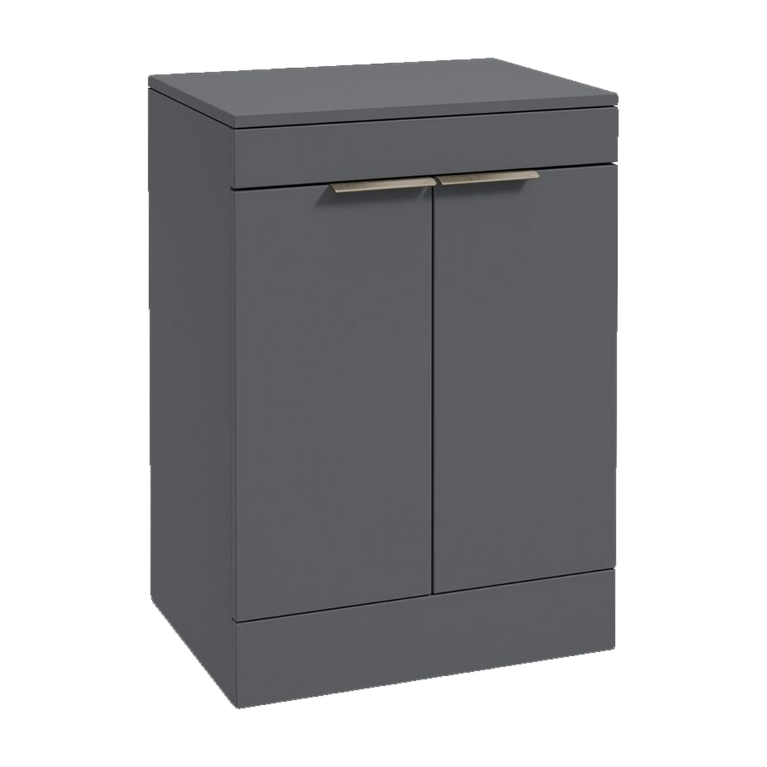 SONAS Stockholm 60cm floorstanding two door vanity unit in Matt Midnight Grey with brushed nickel handles