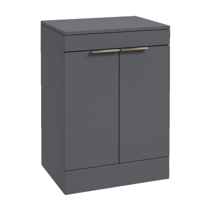 SONAS Stockholm 60cm floorstanding two door vanity unit in Matt Midnight Grey with brushed nickel handles