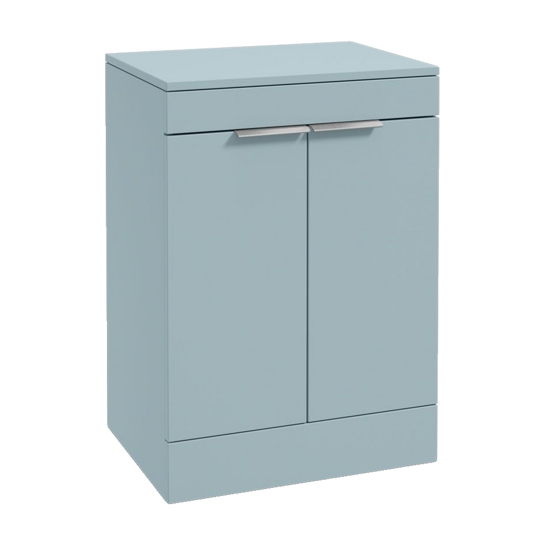 SONAS Stockholm 60cm floorstanding two door vanity unit in Matt Morning Sky Blue with brushed chrome handles