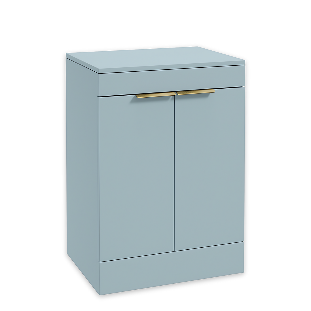 SONAS Stockholm 60cm floorstanding two door vanity unit in Matt Morning Sky Blue with brushed gold handles