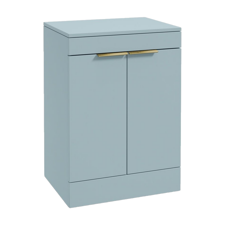SONAS Stockholm 60cm floorstanding two door vanity unit in Matt Morning Sky Blue with brushed gold handles