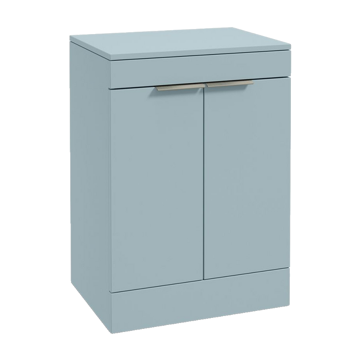 SONAS Stockholm 60cm floorstanding two door vanity unit in Matt Morning Sky Blue with brushed nickel handles