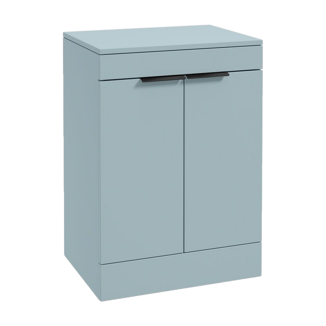 SONAS Stockholm 60cm floorstanding two door vanity unit in Matt Morning Sky Blue with matt black handles