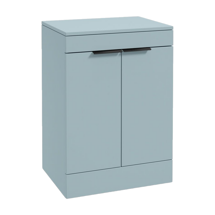 SONAS Stockholm 60cm floorstanding two door vanity unit in Matt Morning Sky Blue with matt black handles