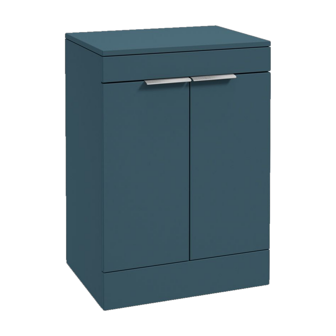 SONAS Stockholm 60cm floorstanding two door vanity unit in Matt Ocean Blue with brushed chrome handles