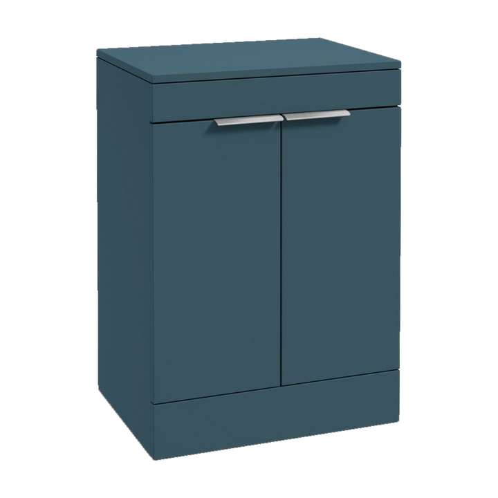 SONAS Stockholm 60cm floorstanding two door vanity unit in Matt Ocean Blue with brushed chrome handles