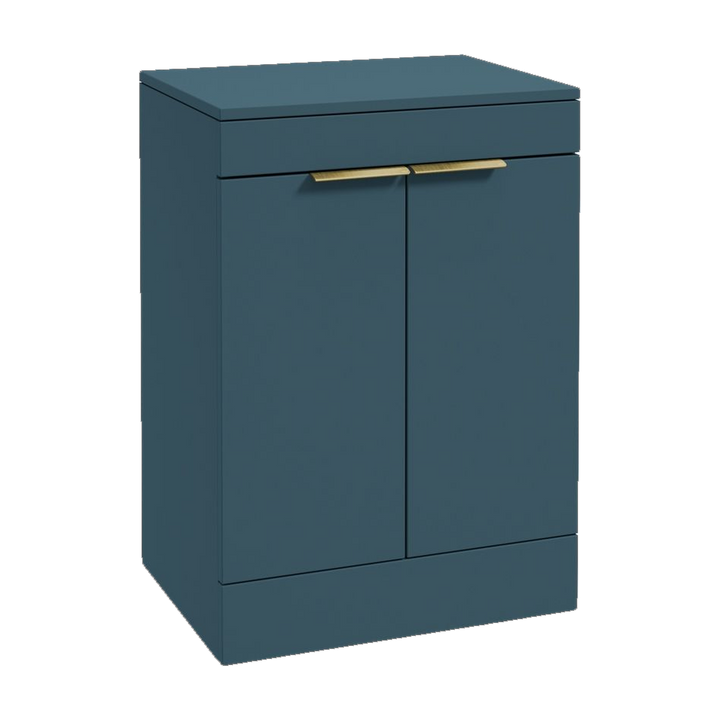 SONAS Stockholm 60cm floorstanding two door vanity unit in Matt Ocean Blue with brushed gold handles