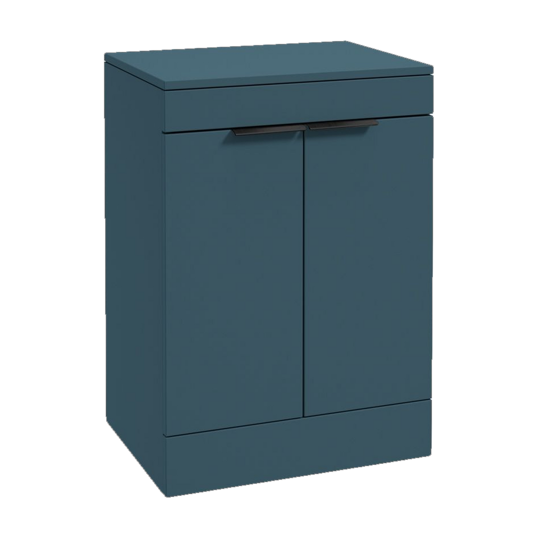SONAS Stockholm 60cm floorstanding two door vanity unit in Matt Ocean Blue with matt black handles