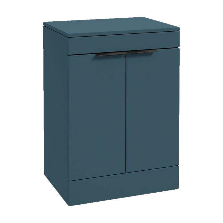 SONAS Stockholm 60cm floorstanding two door vanity unit in Matt Ocean Blue with matt black handles