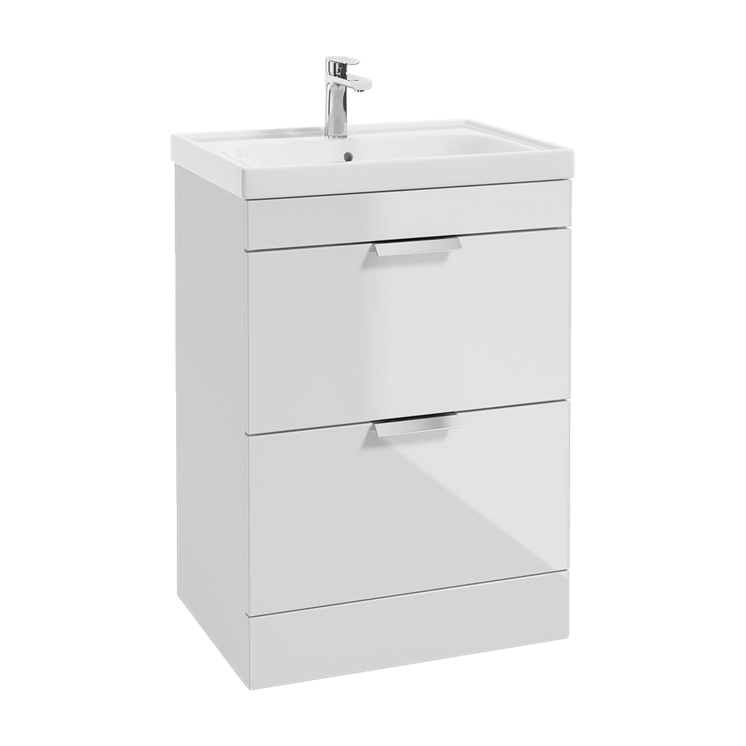 SONAS Stockholm 60cm floorstanding two drawer vanity unit in Gloss White with brushed chrome handles